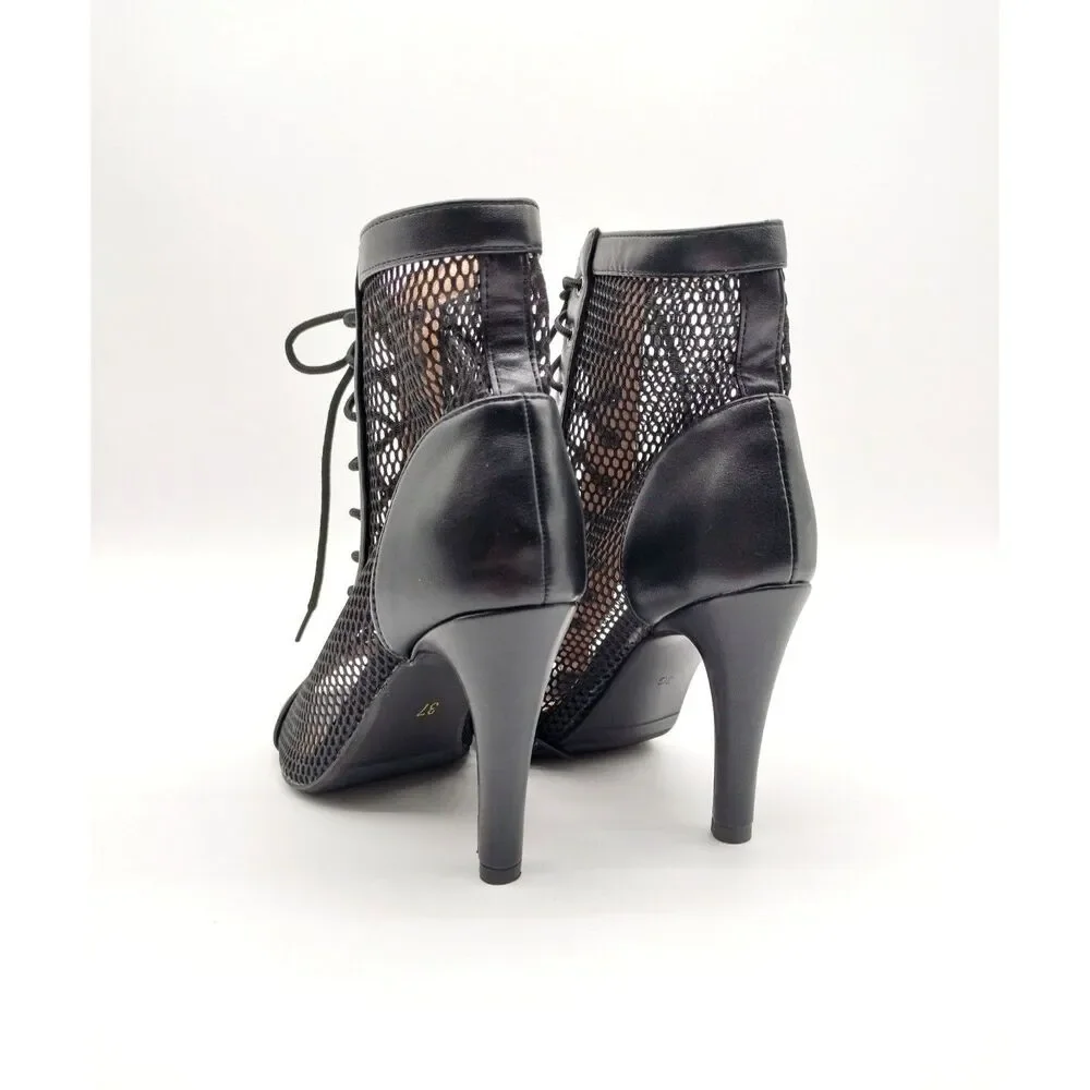 Dance and Sway Women's Size 6.5 Black Lace Up Mesh Stiletto Dance Ankle Booties